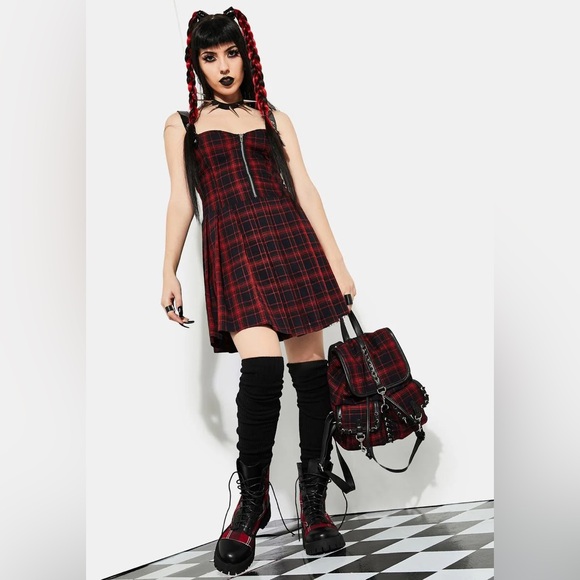 Dolls Kill Current Mood Born to Burn goth punk pleated plaid dress - Picture 2 of 8
